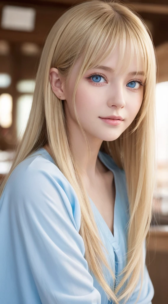 A woman with long light blonde hair and bright light blue eyes is taking a photo, extremely big eyes、gorgeous young beautiful model, bangs between the eyes、Portrait Sophie Mudd, Beautiful beautiful girl model, cute young beautiful girl, very beautiful young girl, portrait of a beautiful model, Beautiful young girl, Beautiful young woman, a photography of a beautiful woman, face perfect, -yeld fee model, Beautiful young face, blonde white beautiful girl、Smirking expression、Teak Gloss、cheek highlights、Depending on the angle of light々hair color that changes
