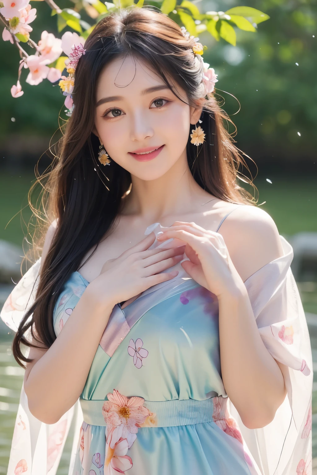 photoRealstic、A smile、Water droplets on the cheeks、In a cute pose、Flowing iridescent silk、up of face、Eye Up、Colorcon with heart pattern、Floral dress、 a heart with both hands、There are also flowers in the foreground、flower petals、season!!: 夏天☀ 🍂