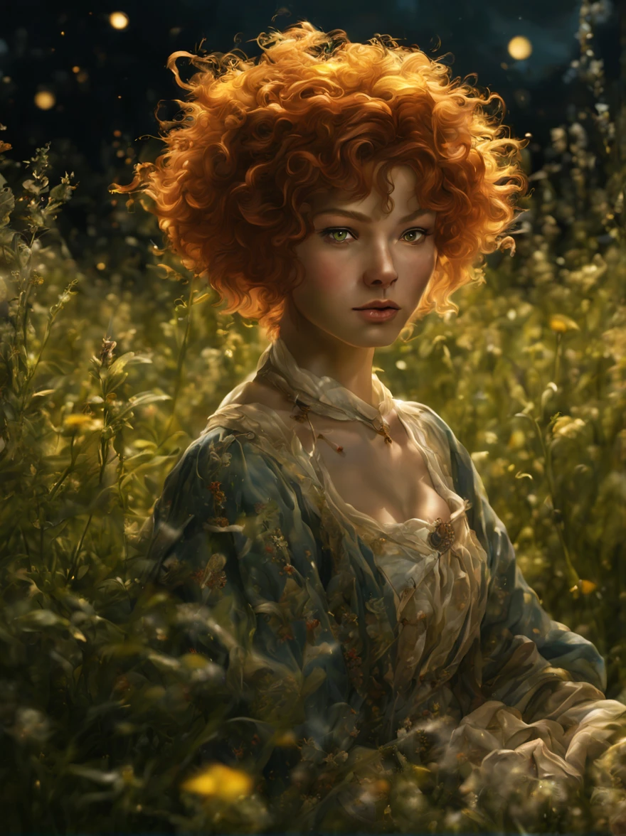 a glamorous herbalist , she is surrounded by magical herbs in a moonlit meadow, Ginger hair, short hair, curly hair, European female, yellow eyes, mole under eye, ultra wide shot, thick lips, masterpiece, best quality, intricate detail, dimly light dramatic lighting , art by Don Lawrence, anime network, anime style