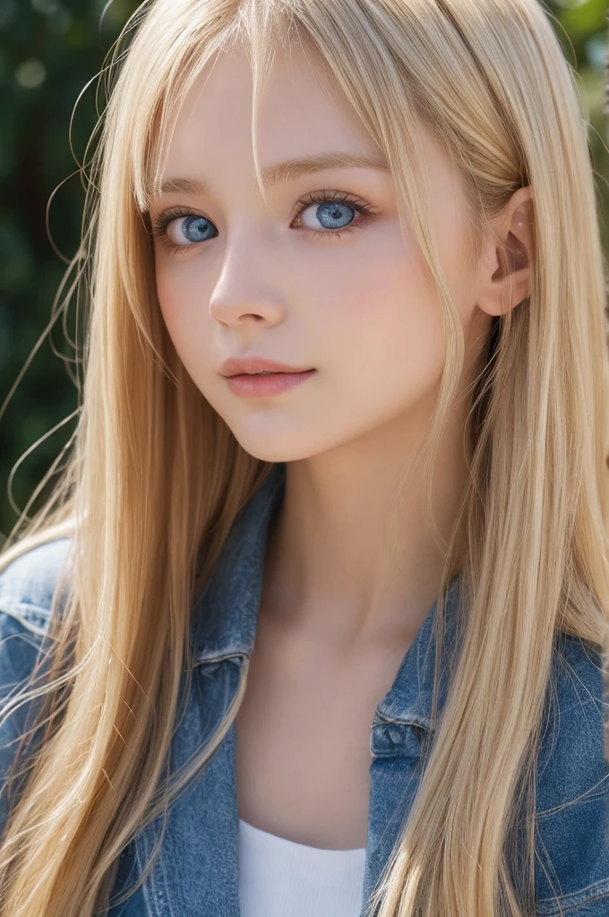 A woman with long light blonde hair and bright light blue eyes is taking a photo, extremely big eyes、gorgeous young beautiful model, bangs between the eyes、Portrait Sophie Mudd, Beautiful beautiful girl model, cute young beautiful girl, very beautiful young girl, portrait of a beautiful model, Beautiful young girl, Beautiful young woman, a photography of a beautiful woman, face perfect, 16-year-old female model, Beautiful young face, blonde white beautiful girl、Smirking expression、Teak Gloss、cheek highlights、Depending on the angle of light々hair color that changes
