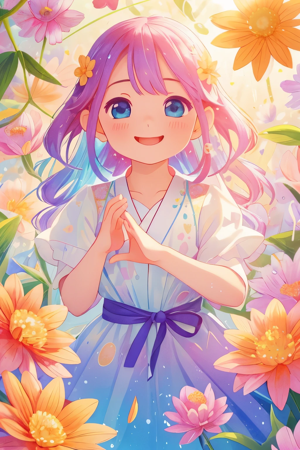 photoRealstic、A smile、Water droplets on the cheeks、In a cute pose、Flowing iridescent silk、up of face、Eye Up、Colorcon with heart pattern、Floral dress、 a heart with both hands、There are also flowers in the foreground、flower petals、season!!: 夏天☀ 🍂
