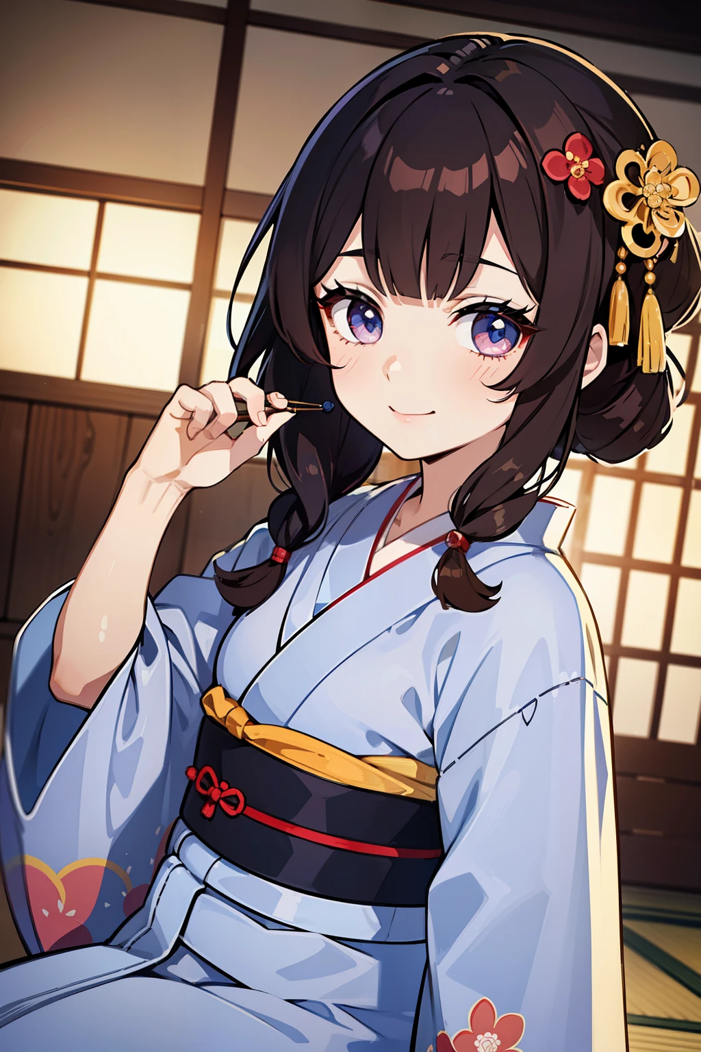 (high-quality, breathtaking),(expressive eyes, perfect face) ((yukata)), 1girl, female, solo, young child , brown hair, red streaks, blue coloured eyes, gentle smile, medium length hair, loose hair, side bangs, curley hair, japanese clothing, elegant, soft make up, hair pin accessory in hair, oiran, demon slayer art style