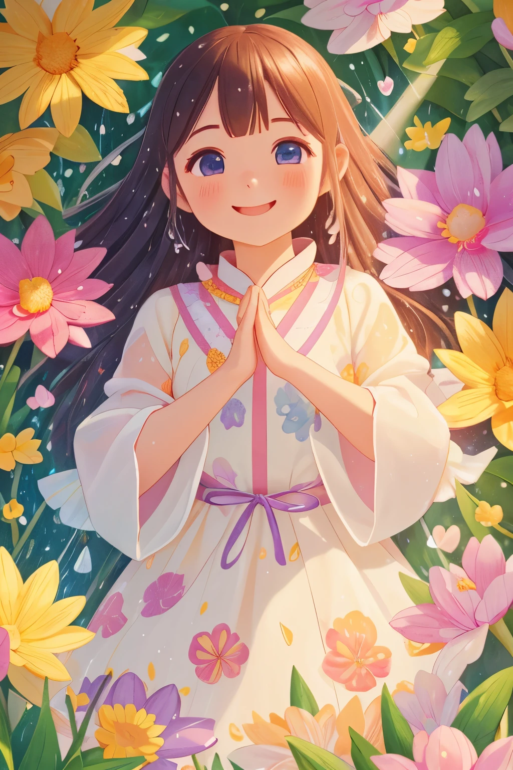 photoRealstic、A smile、Water droplets on the cheeks、In a cute pose、Flowing iridescent silk、up of face、Eye Up、Colorcon with heart pattern、Floral dress、 a heart with both hands、There are also flowers in the foreground、flower petals、season!!: 夏天☀ 🍂