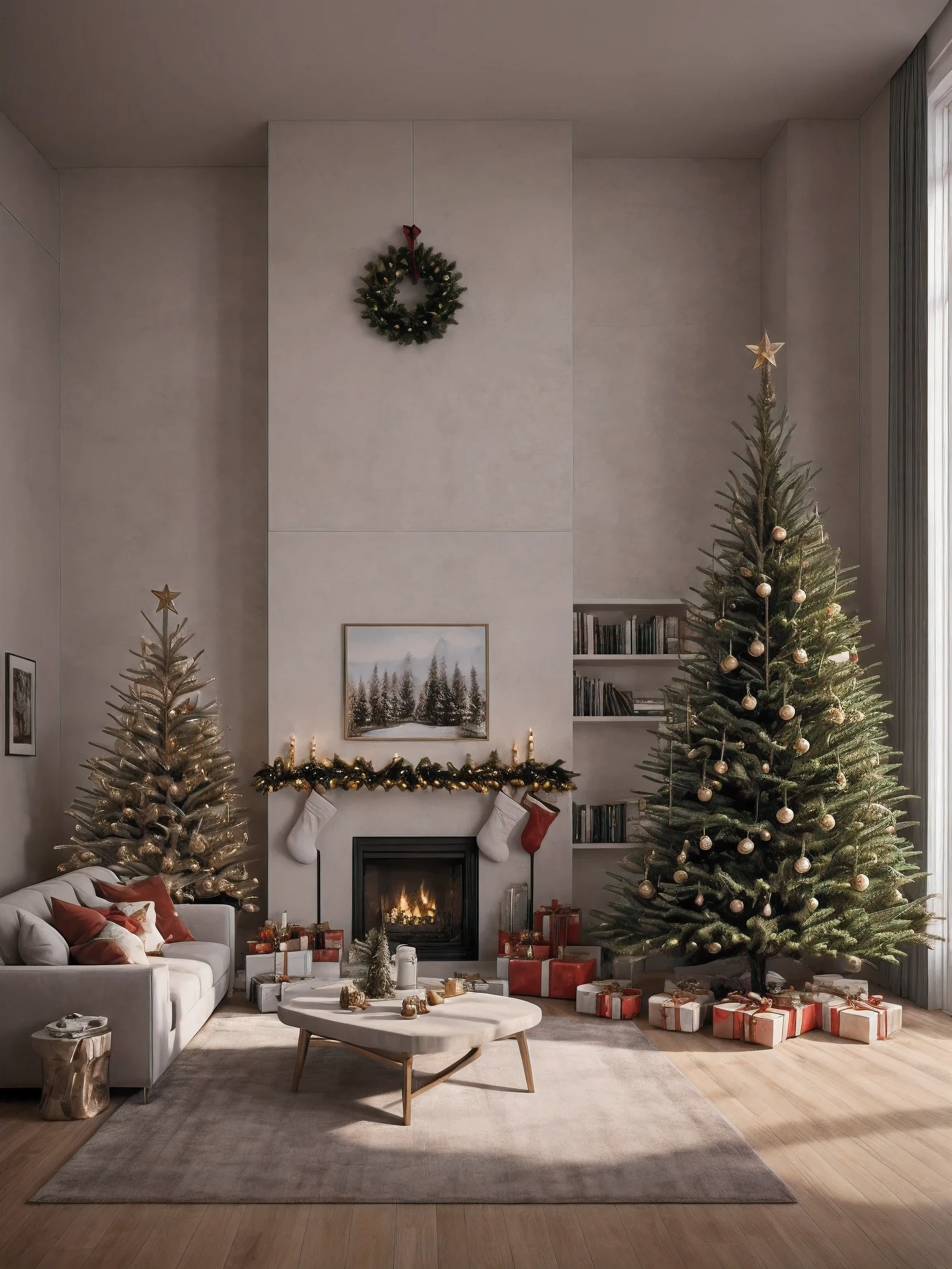 (Masterpiece in maximum 16K resolution), the best quality, (very detailed CG unity 16k wallpaper quality),Super Detailed. | Stunning reflections, the best reflections ever, (glow), (particle effects), Isometric 3D, Octane Rendering, Ray Traced,(best illustration). | Loft Style Living Room, Christmas Decorative style gorgeous, (((Christmas Tree))), (((Christmas Gifts))), Minimalist Decorative style, Christmas Mistletoes, Giant UHD TV, IKEA furnitures,Award winning design, concept house, architectural concepts, bright modern style, dramatic rendering, tall ceilings, highly detailed interior, architectural render, minimal modern, modern living room,indoor, nighlight, shimering light, cinematic lighting,glossy wooden floor,rug,warm tones,accent lighting.