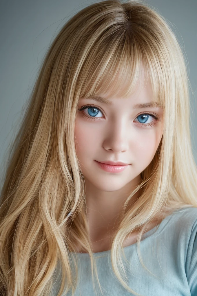 A woman with long light blonde hair and bright light blue eyes is taking a photo, extremely big eyes、gorgeous young beautiful model, bangs between the eyes、Portrait Sophie Mudd, Beautiful beautiful girl model, cute young beautiful girl, very beautiful young girl, portrait of a beautiful model, Beautiful young girl, Beautiful young woman, a photography of a beautiful woman, face perfect, 16-year-old female model, Beautiful young face, blonde white beautiful girl、Smirking expression、Teak Gloss、cheek highlights、Depending on the angle of light々hair color that changes