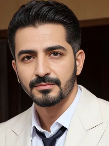 Lebanese man, ugly, short messy black hair with white strands, facial hair, lazy, 50 years old, suits, large nose