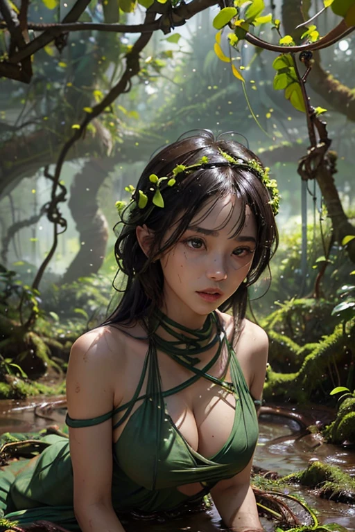 highly detailed 16K CG unity wallpaper, highest quality, masterpiece, (raw photo, realism, photorealistic:1.3), ultra high res, (natural lighting, professional photo:1.1), (sharp focus, depth of field:1.2), best aesthetic, ((from front view, correct anatomy:1.4)), (outdoor, noon, rainforest:1.5), pov, 1 girl, Thai girl, 17 years old, solo, (finely detailed skin texture, intricately detailed face:1.5), ((upper body:1.2)), looking at viewer, black hair, short hair, detailed skin, (tan:1.3), dark eyes, (narrow eyes, tall nose:1.4), beautiful nose and lips, ((crying:1.1)), ((slender:1.4)), ((camisole, beautiful breast:1.3)), (((arms behind back, restrained:1.3))), (((entangled with thick vines, wrapped with green vines:1.5))), ((the girl is being pulled into the muddy ground:1.5)),