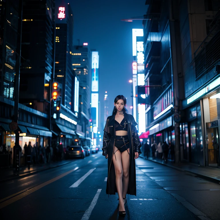 Cyberpunk city setting，femele，，，luminous pattern clothes，realskin