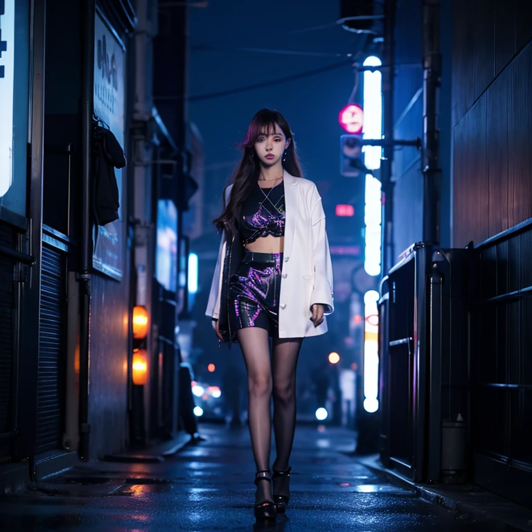 Cyberpunk city setting，femele，，，luminous pattern clothes，realskin