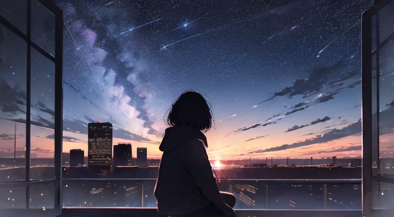High resolution 8K, NSFW, Bright light illumination, octans, sky, star (sky), scenery, starry sky, night, 1girl, night sky, solo, outdoors, signature, building, cloud, milky way, sitting, tree, long hair, city, silhouette, cityscape, Short bob hair, Black hair