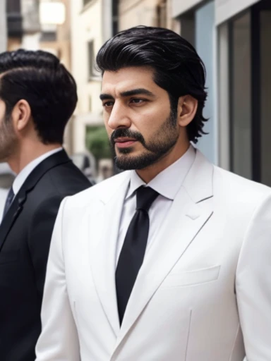 Lebanese man, ugly, short messy black hair with white strands, facial hair, lazy, 50 years old, suits, large nose, body view, city