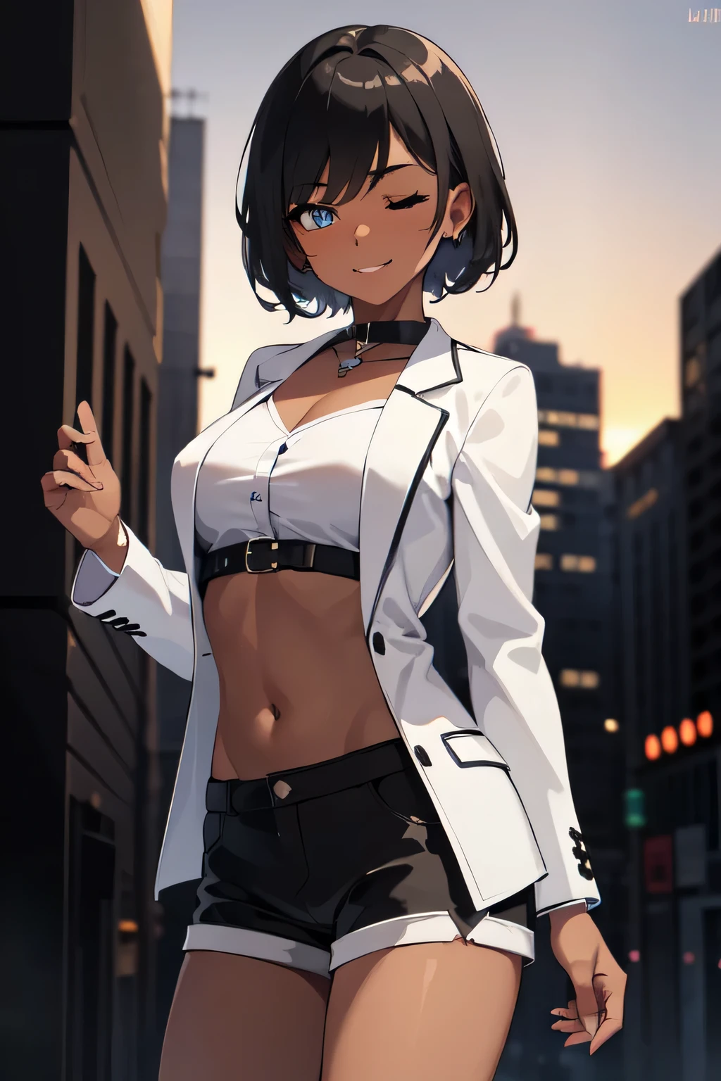 master part, best quality, 1girl, ((menina adolescente)), ((medium breasts)), ((dark skinned female)), short hair, ((cabelo totalmente preto)), olhos azuis, ((camisa branca)), ((white jacket)), ((white shorts)), ((umbigo)), sorrir, Olhando para o Viewer, fofo, ((cidade)), ((vivid colors)), lindo luar detalhado, Olhos detalhados, Antecedentes detalhados, olhos expressivos, extremely high quality, concentrado, Noite, ((Piscando)), ((um olho fechado)), ultra detalhado, absurdos, (HDR:1.5)