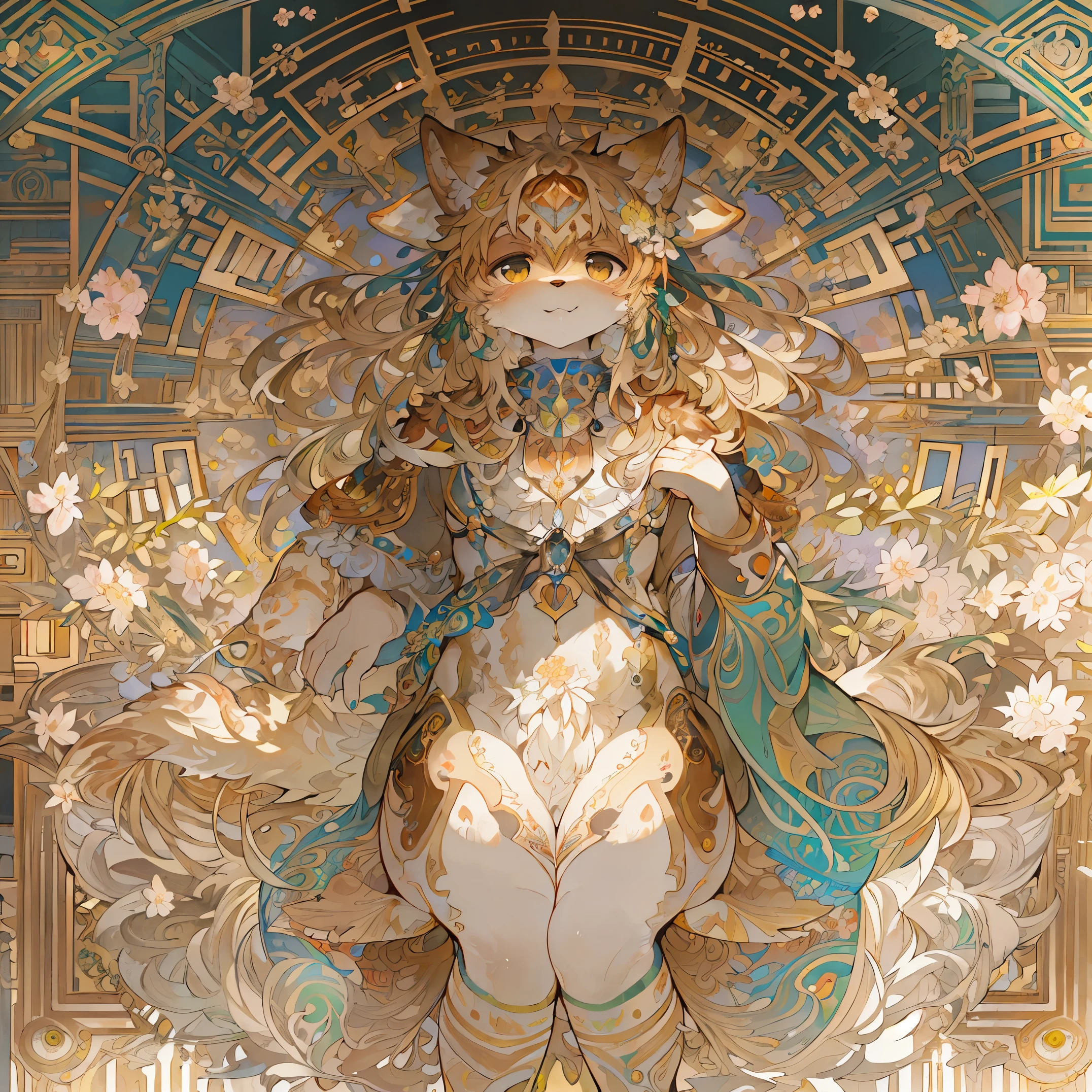 cover_page, highres, top quality, best quality, paid reward available, High-quality illustrations, unparalleled masterpiece, perfect artwork, absurdres, super high resolution, detailed background, logo mark, stamp, Geometric pattern, vector-art, High-quality illustrations by Alfons Mucha, masterpiece(kemono, furry anthro)flower,