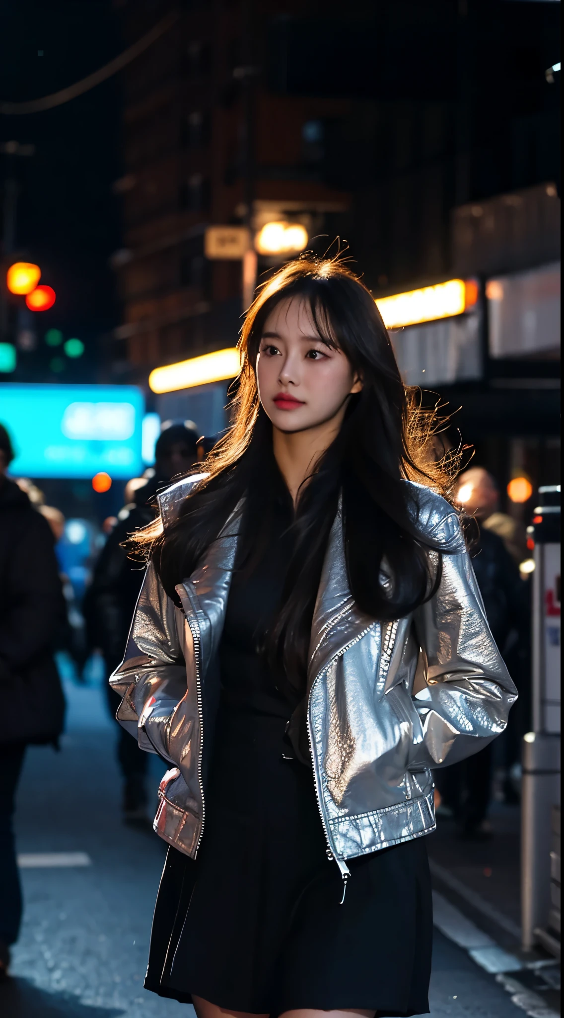 hyper realistic, lifelike texture, dramatic lighting, (best quality:1.1), depth of field, nighttime, in a futuristic cyberpunk city, HDR, shallow depth of field, broad light, high contrast, backlighting, bloom, light sparkles, chromatic aberration, sharp focus, futuristic clothing, leather jacket, beauty512, lnchuu,