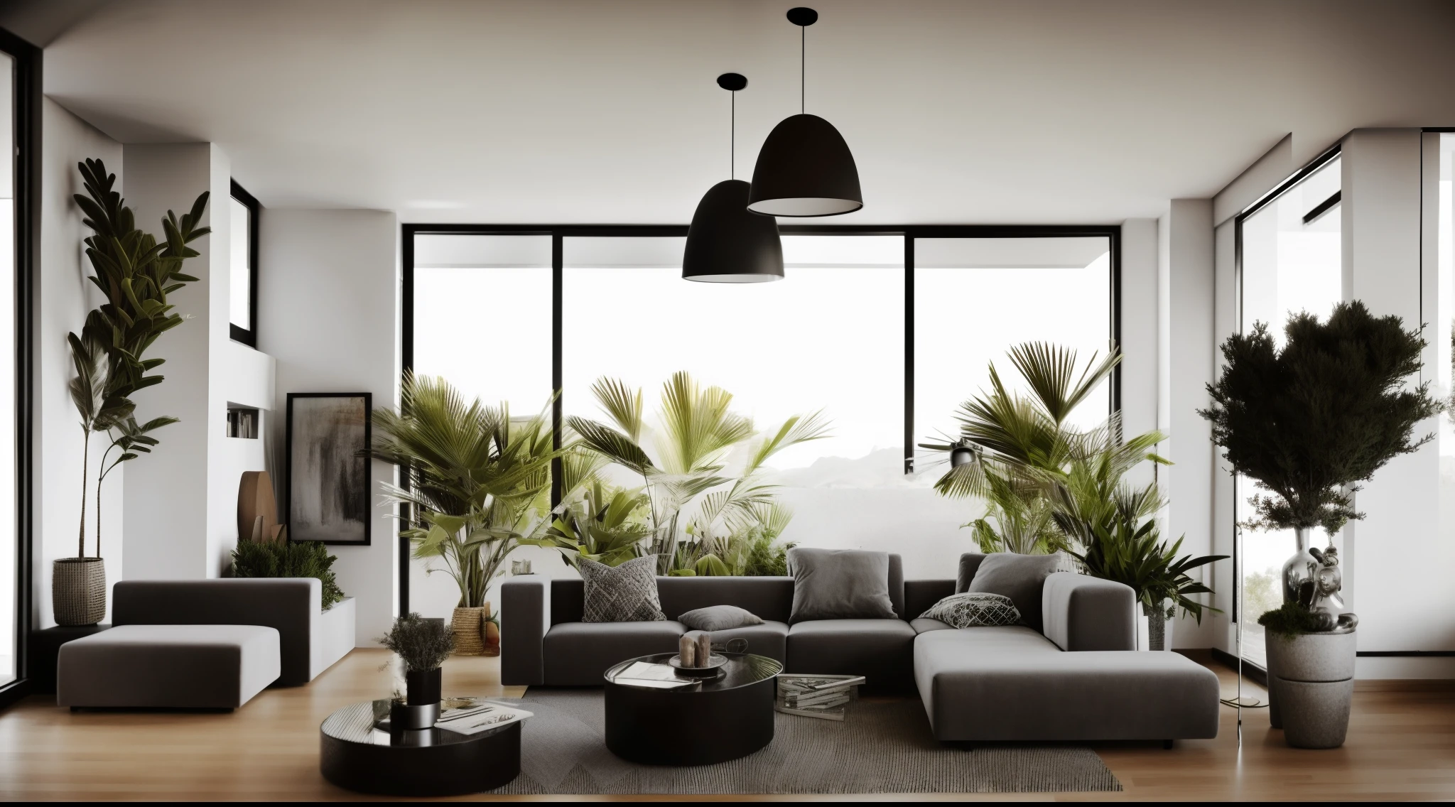 Eclectic Interior Design Style,  cozy contemporary living room, sunlight , coffee table, sofa, tv, lamp, wide angle, east asian architecture, plant, interior design, light and shadow, depth of field, medium light.