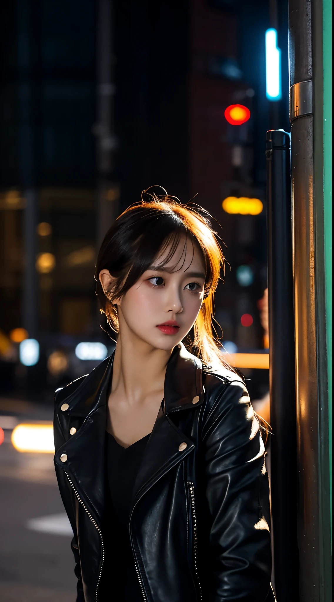 hyper realistic, lifelike texture, dramatic lighting, (best quality:1.1), depth of field, nighttime, in a futuristic cyberpunk city, HDR, shallow depth of field, broad light, high contrast, backlighting, bloom, light sparkles, chromatic aberration, sharp focus, futuristic clothing, leather jacket, beauty512, lnchuu,