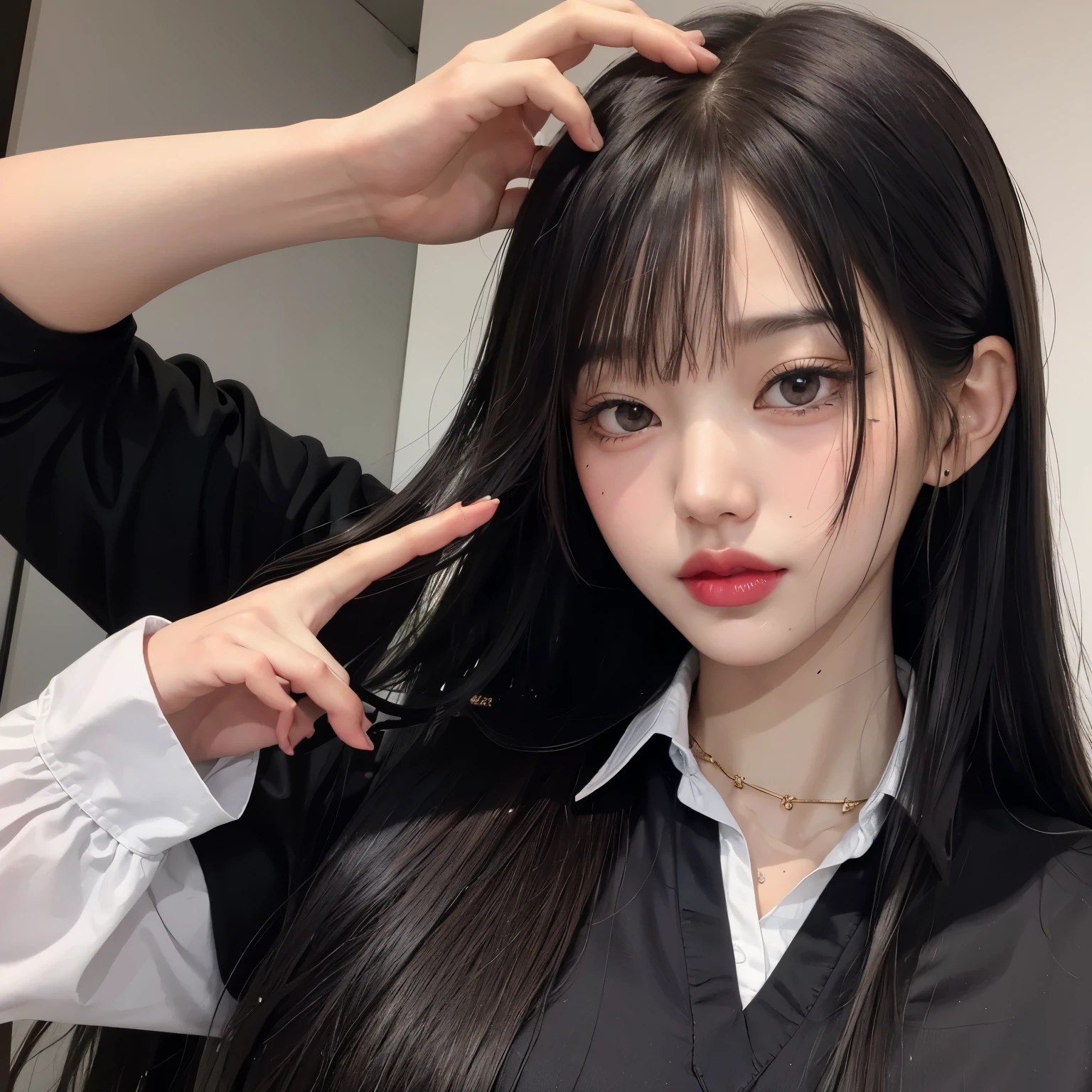 There is a woman who is cutting her hair with scissors, Ulzzang, Ela tem cabelo preto com franja, cabelo preto longo com franja, preto hime corte cabelo, com cabelos longos, com cabelo preto liso, com longos cabelos pretos, Menina anime na vida real, asian girl com cabelos longos, Sui Ishida com cabelo preto, cruel korean goth girl