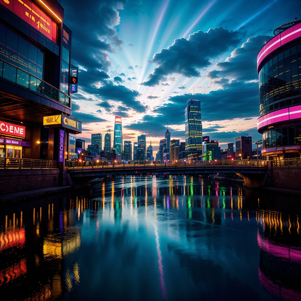 (aesthetically pleasant, vibrant, vivid) City Night View, (neon lights, LED signs, illuminated skyscrapers), (dynamic, bustling), (colorful, vibrant, lively), (beautiful, captivating) starry sky, (reflective, shimmering) cityscape, (gleaming, radiant) moonlight, (glowing, twinkling) stars, (sleek, modern, futuristic) architecture, (energetic, pulsating) nightlife, (busy, crowded, animated) streets, (magnificent, panoramic) skyline, (captivating, enchanting) reflections, (exciting, bustling) atmosphere, (dynamic, vibrant) city life, (striking, stunning) contrasts between lights and shadows, (sophisticated, elegant) urban atmosphere, (dazzling, mesmerizing) color palette, (flickering, luminous) streetlights, (distinctive, atmospheric) ambiance, (stunning, awe-inspiring) cityscape, (modern, contemporary) art scene, (intense, vivid) colors, (romantic, enchanting) mood, (mysterious, alluring) alleys, (captivating, intoxicating) energy, (fantastic, dreamlike) night scene, (magical, surreal) vibes.