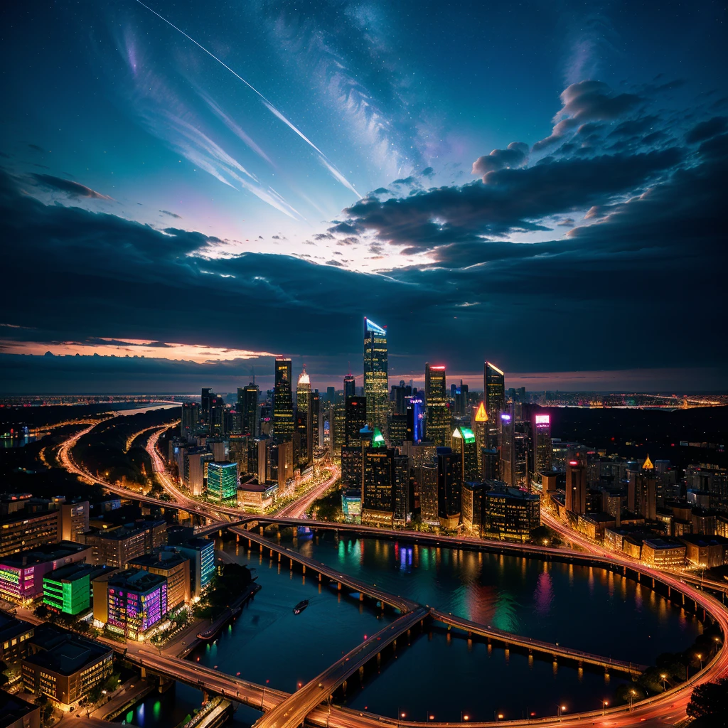 (aesthetically pleasant, vibrant, vivid) City Night View, (neon lights, LED signs, illuminated skyscrapers), (dynamic, bustling), (colorful, vibrant, lively), (beautiful, captivating) starry sky, (reflective, shimmering) cityscape, (gleaming, radiant) moonlight, (glowing, twinkling) stars, (sleek, modern, futuristic) architecture, (energetic, pulsating) nightlife, (busy, crowded, animated) streets, (magnificent, panoramic) skyline, (captivating, enchanting) reflections, (exciting, bustling) atmosphere, (dynamic, vibrant) city life, (striking, stunning) contrasts between lights and shadows, (sophisticated, elegant) urban atmosphere, (dazzling, mesmerizing) color palette, (flickering, luminous) streetlights, (distinctive, atmospheric) ambiance, (stunning, awe-inspiring) cityscape, (modern, contemporary) art scene, (intense, vivid) colors, (romantic, enchanting) mood, (mysterious, alluring) alleys, (captivating, intoxicating) energy, (fantastic, dreamlike) night scene, (magical, surreal) vibes.