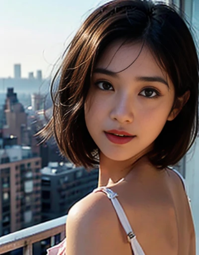 desi Indian girl (25 years), chubby face charming hair natural skin, good figure, ((highly detailed face and skin texture, 8k, ultrarealistic))), ((Masterpiece: 1.3, best quality, sharp focight face, short hairs, on the balcony of a flat top floor, new york, happy face, day light