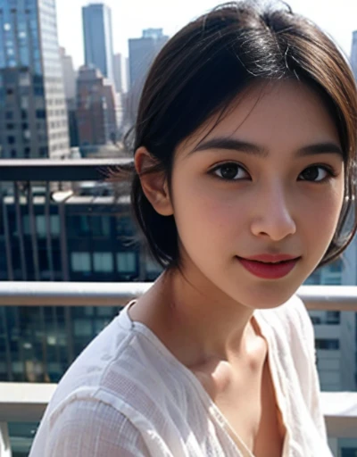 desi Indian girl (25 years), chubby face charming hair natural skin, good figure, ((highly detailed face and skin texture, 8k, ultrarealistic))), ((Masterpiece: 1.3, best quality, sharp focight face, short hairs, on the balcony of a flat top floor, new york, happy face, day light