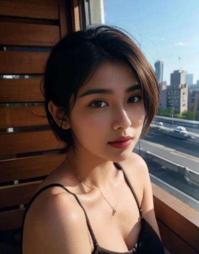 desi Indian girl (25 years), chubby face charming hair natural skin, good figure, ((highly detailed face and skin texture, 8k, ultrarealistic))), ((Masterpiece: 1.3, best quality, sharp focight face, short hairs, on the balcony of a flat top floor, new york, happy face, day light