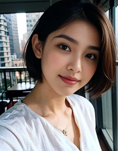 desi Indian girl (25 years), chubby face charming hair natural skin, good figure, ((highly detailed face and skin texture, 8k, ultrarealistic))), ((Masterpiece: 1.3, best quality, sharp focight face, short hairs, on the balcony of a flat top floor, new york, happy face, day light