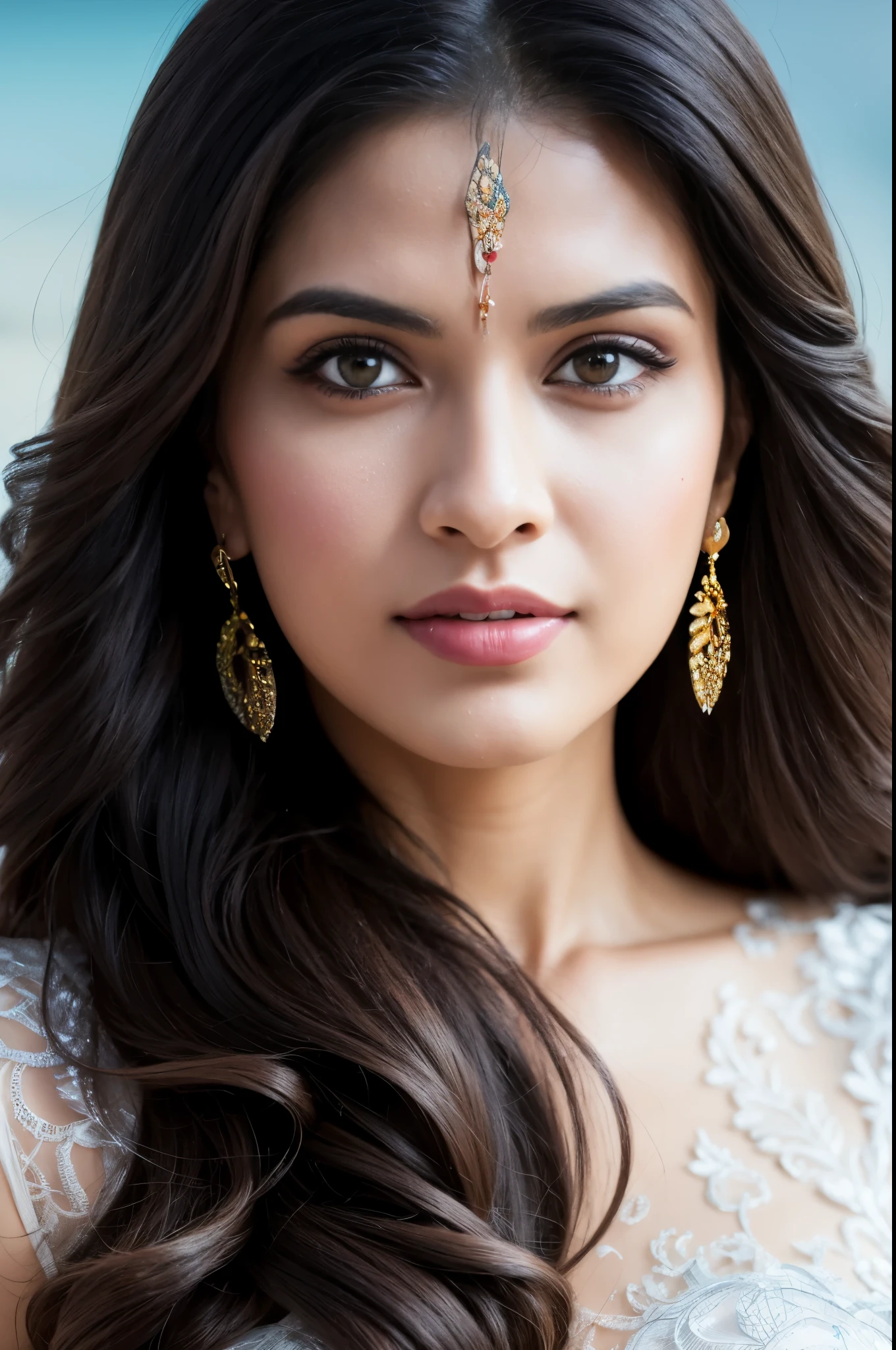 Portrait of A confident-looking indian woman with long flowing hair, hazel eyes, with flowing capes, ocean background, bokeh, perfect composition, hyperrealistic, super detailed, 8k, high quality, trending art, trending on artstation, sharp focus, studio photo, intricate details, highly detailed, art by greg rutkowski 8k quality, Ultra realistic,