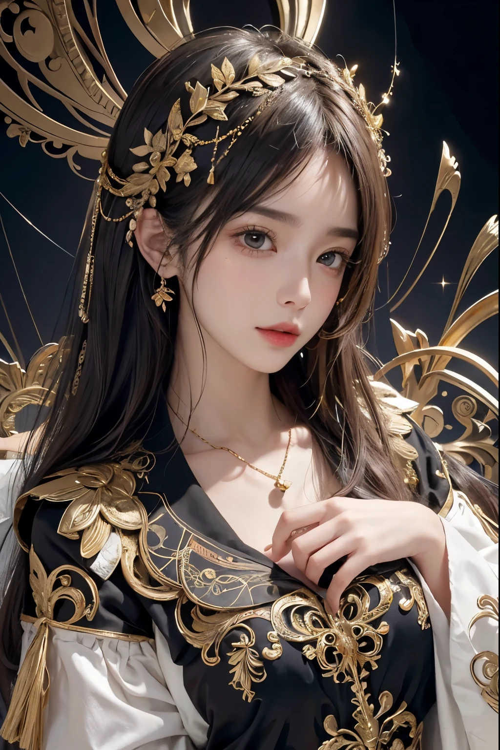 (masterpiece、top-quality、top-quality、Official art、Beautifully Aesthetic:1.2)、(1girl in)、Extreme details、colourfull、highestdetailed、Official art、Unity 8k壁纸、ultra-detailliert、Beautifully Aesthetic、large boob、masterpiece、top-quality、(Zentangle、a Mandala、Tangles、Entanglement)、Holy Light、gold foil、gold foilアート、glitter drawing、PerfectNwsjMajmagic