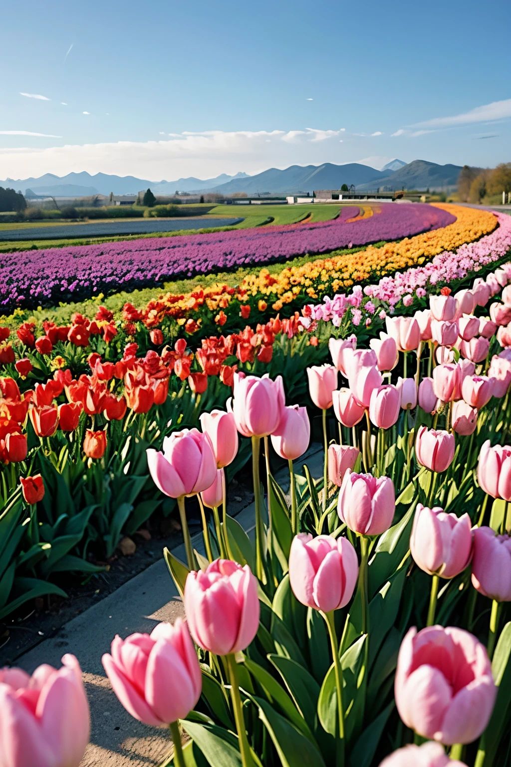 There are tulips all over the mountains and plains,Row by row,Piece by piece,The plain is full of tulips,Overlooking,far off,real photograph,Colorful colorful,vibrant with colors