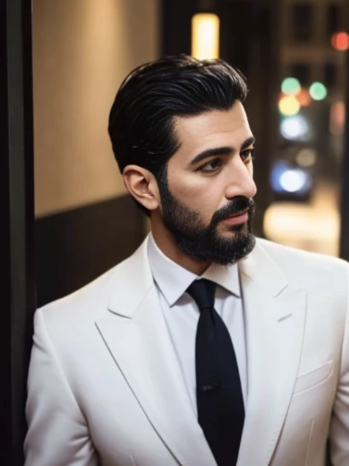 Lebanese man, ugly, short messy black hair with white strands, facial hair, lazy, 50 years old, suits, large nose, body view, city, innocent face