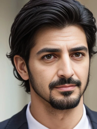 Lebanese man, ugly, short messy black hair with white strands, facial hair, lazy, 50 years old, suits, large nose, body view, city, innocent face