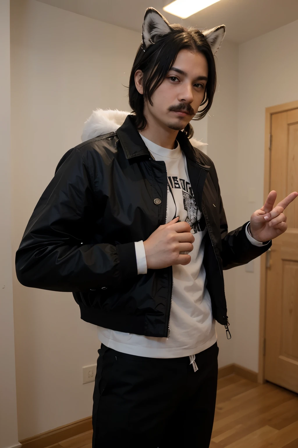 A anime boy that has black hair and a white streak on it. He has a curly mustache. He has black fox ears with white tips. And he also has a black and white strip fox tail. He wears a black conductor jacket and black pants