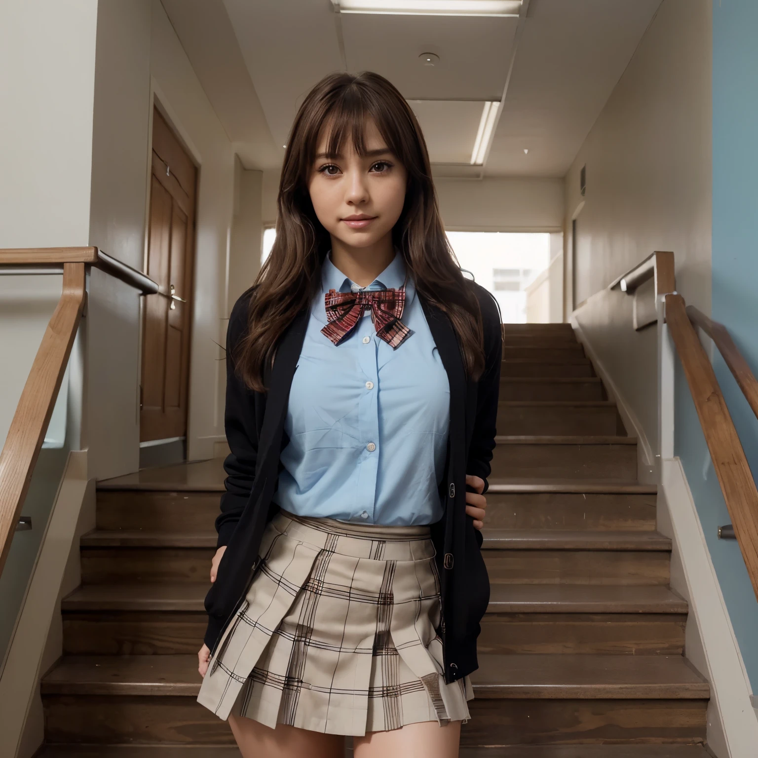 ((masutepiece, Best Quality, hight resolution, nffsw, Perfect Pixel, 4K, nffsw, nffsw))), 1girl in, Single, Solo, Beautie、full body seen、 ((Middle Wave Hair, Bangs, Brown hair)), ((Brown-eyed, Beautiful eyelashes, Realistic eyes)), ((Detailed face, Blushing:1.2)), ((Smooth texture:0.75, Realistic texture:0.65, Photorealistic:1.1, Anime CG style)), medium breasts, Dynamic Angle, Perfect body, ((red bowtie, School uniform, Black jacket, Open jacket, Brown cardigan, White shirt, Black skirt, plaid skirts)), stairs at school、Looking up from the bottom of the stairs、Very embarrassing panic smile, turned around、bending forward、(The wind flipped my skirt and exposed my butt.......、Touching the buttocks with both hands、Light blue lace panties)、