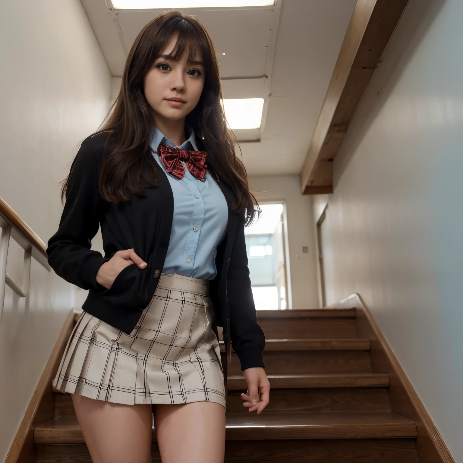 ((masutepiece, Best Quality, hight resolution, nffsw, Perfect Pixel,  4K, nffsw, nffsw))), 1girl in, Single, Solo, Beautie、full body seen、 ((Middle Wave Hair, Bangs, Brown hair)), ((Brown-eyed, Beautiful eyelashes, Realistic eyes)), ((Detailed face, Blushing:1.2)), ((Smooth texture:0.75, Realistic texture:0.65, Photorealistic:1.1, Anime CG style)), medium breasts, Dynamic Angle, Perfect body,  ((red bowtie, School uniform, Black jacket, Open jacket, Brown cardigan, White shirt, Black skirt, plaid skirts)), stairs at school、Looking up from the bottom of the stairs、Very embarrassing panic smile, turned around、bending forward、(The wind flipped my skirt and exposed my butt.......、Touching the buttocks with both hands、Light blue lace panties)、