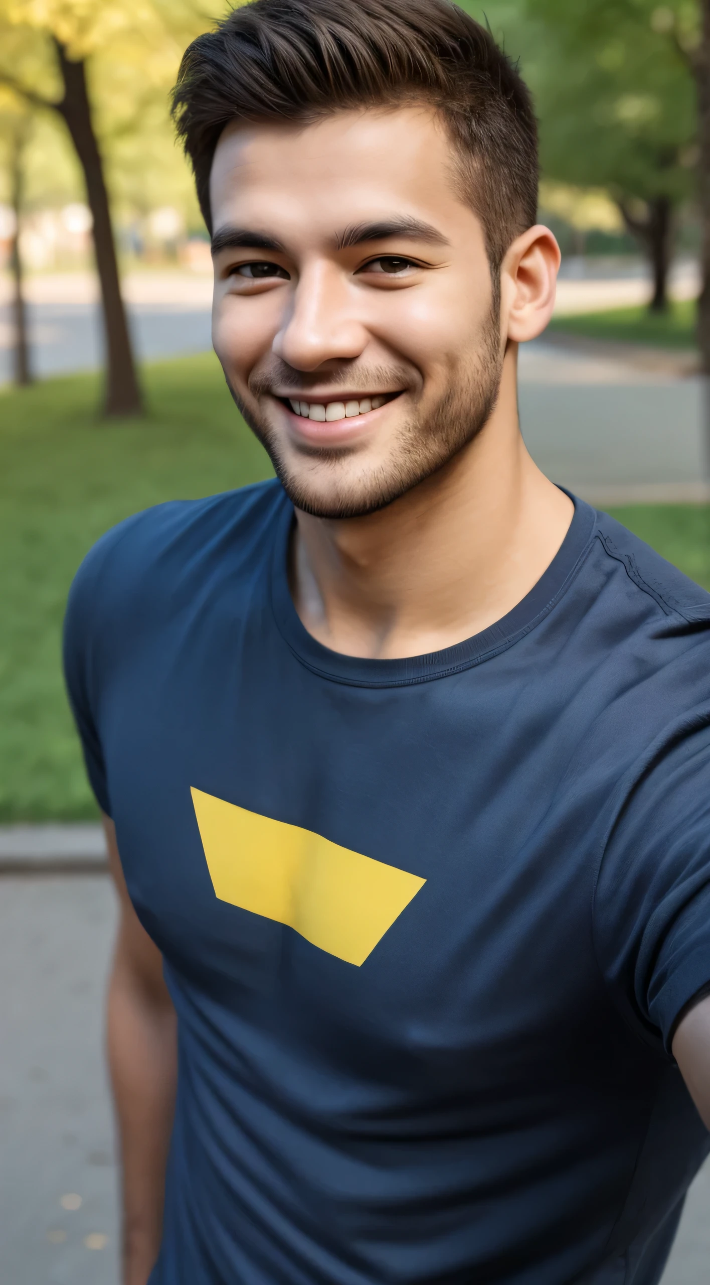 man smiling and looking at camera, Park background, a picture, Above the chest