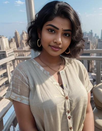 desi Indian girl (25 years), chubby face charming hair natural skin, good figure, ((highly detailed face and skin texture, 8k, ultrarealistic))), ((Masterpiece: 1.3, best quality, sharp focight face, short hairs, on the balcony of a flat top floor, new york, happy face, day light,no bindi