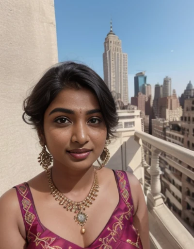 desi Indian girl (25 years), chubby face charming hair natural skin, good figure, ((highly detailed face and skin texture, 8k, ultrarealistic))), ((Masterpiece: 1.3, best quality, sharp focight face, short hairs, on the balcony of a flat top floor, new york, happy face, day light,no bindi