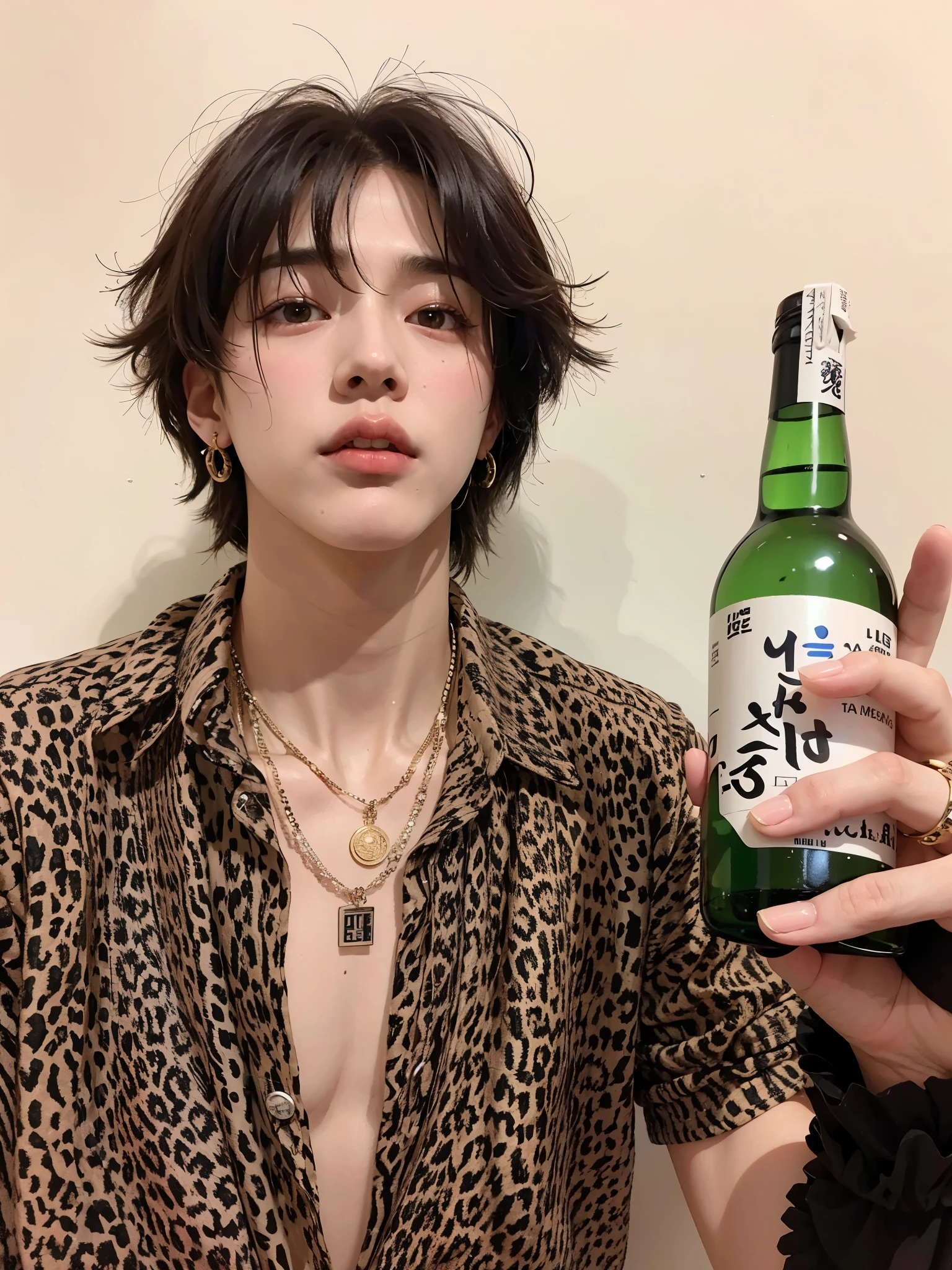 hay una mujer sosteniendo una botella de sake en la mano, Jung Jaehyun, Taejune Kim, Cai Xukun, Kim Doyoung, Ulzzang masculino, Inspirado por Jeonseok Lee, Hong June Hyung, Hyung Tae, con una bebida, Yoongi de pelo negro, Jinyoung Shin, botellas de alcohol a su lado, delicate androgynous prince, Seseon Yoon