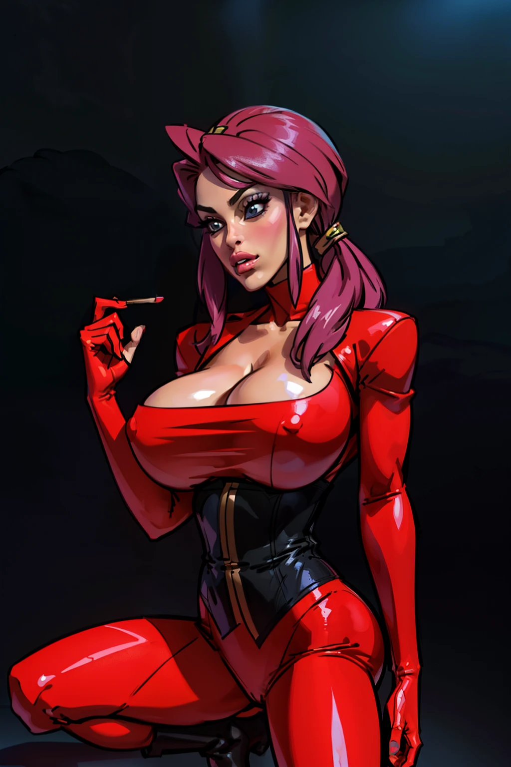 Generate an illustration of a mature lorelei, gym leader of pokemon, (large shoulder padlack gloves, hairband, holding a poke all, de terno preto, long straight hair, hair flows straight down, blackblue hair, (gigantic breasts:1.4), Red outfit in anime format with a serious style, buttoned black corset, black boots, gothic make up, masterpiece, dark lighting, black background, puffy lips,slendered abs, beautiful face,