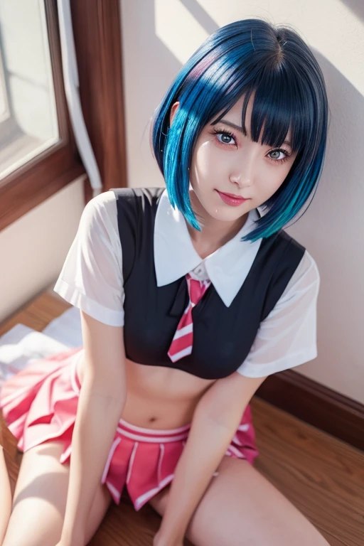 (((Shooting from directly below the front))), top-quality, ​masterpiece, Beautiful schoolgirl, Highly detailed face and skin texture, Detailed eyes, she is sitting on the bed with her legs apart, high school girls uniform, White blouses, Pleated skirt in black color, plump medium bust, medium breasts, Long bun hair, Multicolor Hair, Beautiful hair, watching at viewers, embarrassed red face, I can see the white see-through panties,Masterpiece portrait of a smiling Rei Ayanami (Evangelion), Caustics, High resolution illustration, Red Eyes, Feminine, no pupils, Blue hair, Short hair, Japan school uniform, lowfers, swpunk, Synth Wave, paint Splatters, shaded flat illustration, Digital Art, Trending on ArtStation, Highly detailed, Fine detail, Convoluted, Splatter, Outrun, Vaporware, neon color,small brest, sexy underwear,bra]