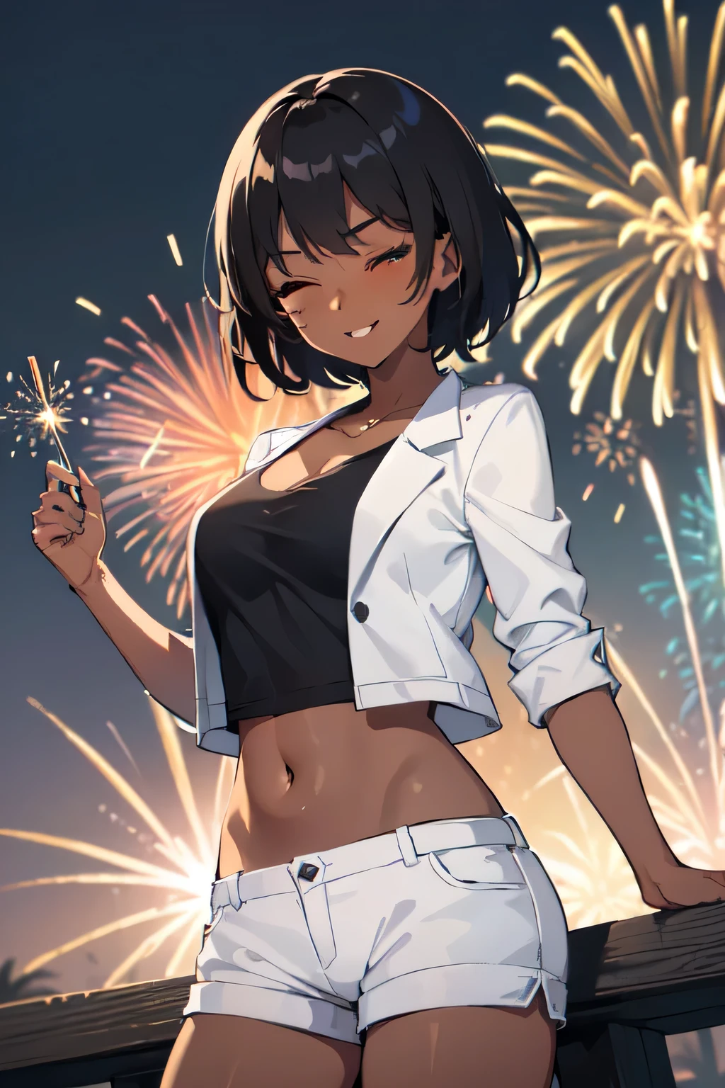 master part, best quality, 1girl, ((menina adolescente)), ((medium breasts)), ((dark skinned female)), short hair, ((cabelo totalmente preto)), olhos azuis, ((camisa branca)), ((white jacket)), (((white shorts))), ((umbigo)), sorrir, Olhando para o Viewer, fofo, ((cidade)), ((vivid colors)), lindo luar detalhado, Olhos detalhados, Antecedentes detalhados, olhos expressivos, extremely high quality, concentrado, Noite, ((Piscando)), ((um olho fechado)), ((fireworks)) ultra detalhado, absurdos, (HDR:1.5)