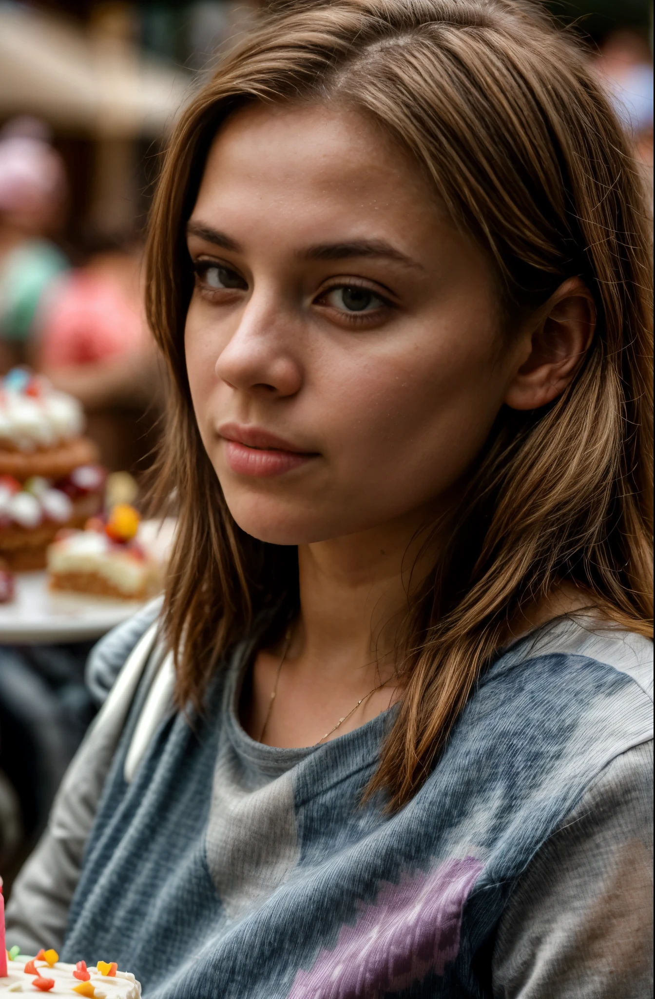 (a young 18 year old, below average woman,birthday party,cake,people in the background) (best quality,4k,8k,highres,masterpiece:1.2),ultra-detailed,realistic,photorealistic:1.37, HDR, vivid colors,studio lighting,sharp focus,bokeh, (illustration, oil painting,photography:1.1), (portraits,concept artists:1.1), restful tones, soft natural lighting