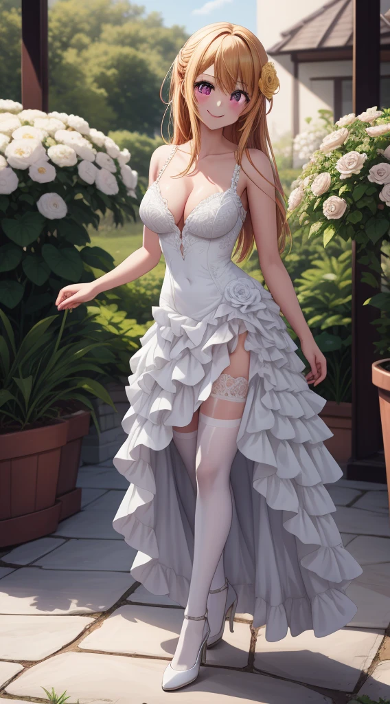 anime, beautiful face, highly detailed face, 2 accurate legs detailed eyes, highly detailed background, perfect lighting, accurate arms, accurate hands, accurate fingers, full body, 1girl, solo, ruby hoshino, oshi no ko, indoors, detailed heels, white detailed thighhighs, outdoor, ina garden of flowers, absurdres, high res, ultrasharp, 8K, masterpiece, looking at viewer, elegant pose, (full body:1.4), smiling with compassion, teasing smile, detailed dress, patterned wedding dress, cleavage, standing, holding a bunch of flowers in hands
