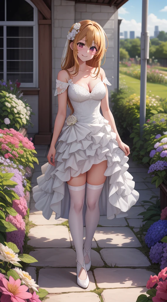 anime, beautiful face, highly detailed face, 2 accurate legs detailed eyes, highly detailed background, perfect lighting, accurate arms, accurate hands, accurate fingers, full body, 1girl, solo, ruby hoshino, oshi no ko, indoors, detailed heels, white detailed thighhighs, outdoor, ina garden of flowers, absurdres, high res, ultrasharp, 8K, masterpiece, looking at viewer, elegant pose, (full body:1.4), smiling with compassion, teasing smile, detailed dress, patterned wedding dress, cleavage, standing, holding a bunch of flowers in hands