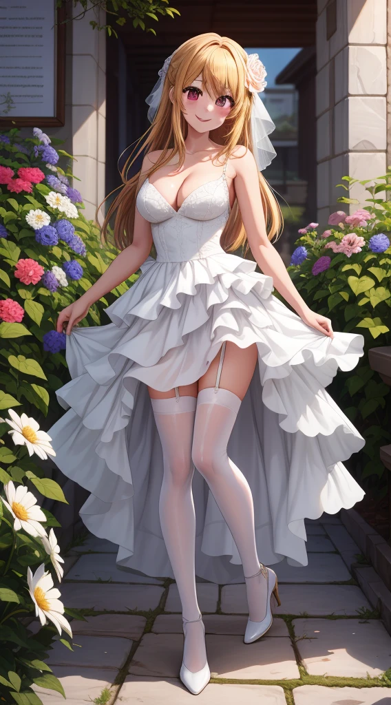 anime, beautiful face, highly detailed face, 2 accurate legs detailed eyes, highly detailed background, perfect lighting, accurate arms, accurate hands, accurate fingers, full body, 1girl, solo, ruby hoshino, oshi no ko, indoors, detailed heels, white detailed thighhighs, outdoor, ina garden of flowers, absurdres, high res, ultrasharp, 8K, masterpiece, looking at viewer, elegant pose, (full body:1.4), smiling with compassion, teasing smile, detailed dress, patterned wedding dress, cleavage, standing, holding a bunch of flowers in hands