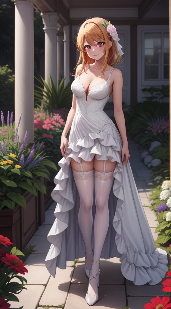 anime, beautiful face, highly detailed face, 2 accurate legs detailed eyes, highly detailed background, perfect lighting, accurate arms, accurate hands, accurate fingers, full body, 1girl, solo, ruby hoshino, oshi no ko, indoors, detailed heels, white detailed thighhighs, outdoor, ina garden of flowers, absurdres, high res, ultrasharp, 8K, masterpiece, looking at viewer, elegant pose, (full body:1.4), smiling with compassion, teasing smile, detailed dress, patterned wedding dress, cleavage, standing, holding a bunch of flowers in hands