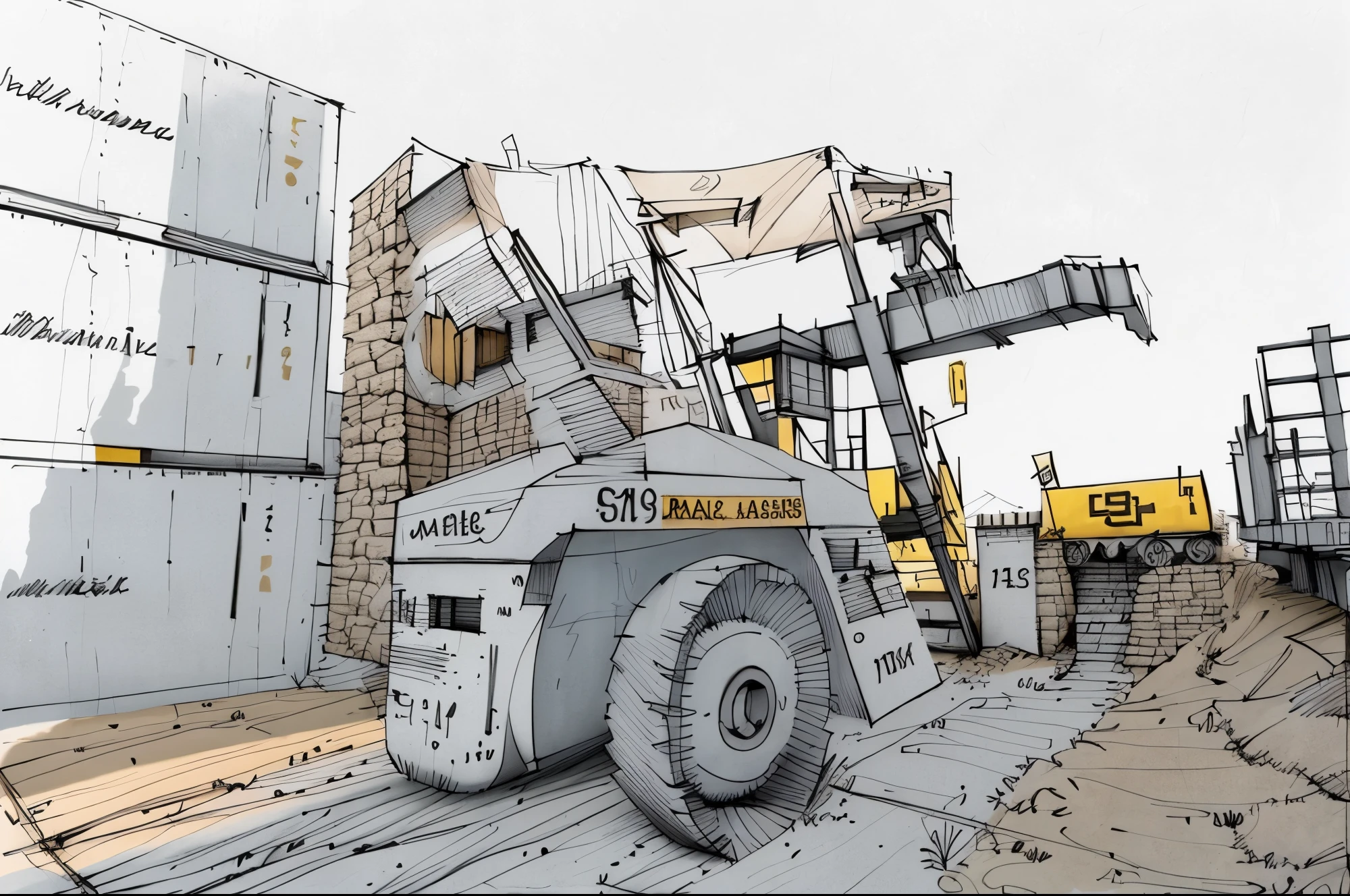 linear, gray, white background, simple background,sketch, sketch,pen_sketch_style,There is a large yellow bulldozer that is parked in front of the train, heavy machinery, sand piled in the corners, a large shovel, mining scrap metal, gravel, stone quarry location, hard work, massive construction machines