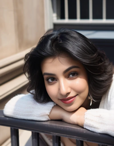 desi Indian girl (25 years), chubby face charming hair natural skin, good figure, ((highly detailed face and skin texture, 8k, ultrarealistic))), ((Masterpiece: 1.3, best quality, sharp focight face, short hairs, on the balcony of a flat top floor, new york, happy face, day light