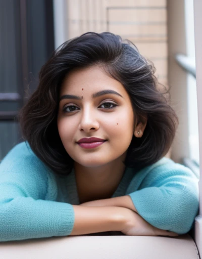 desi Indian girl (25 years), chubby face charming hair natural skin, good figure, ((highly detailed face and skin texture, 8k, ultrarealistic))), ((Masterpiece: 1.3, best quality, sharp focight face, short hairs, on the balcony of a flat top floor, new york, happy face, day light